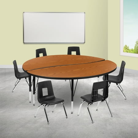 BizChair 60" Circle Wave Flexible Laminate Activity Table Set with 12" Student Stack Chairs, Oak/Black
