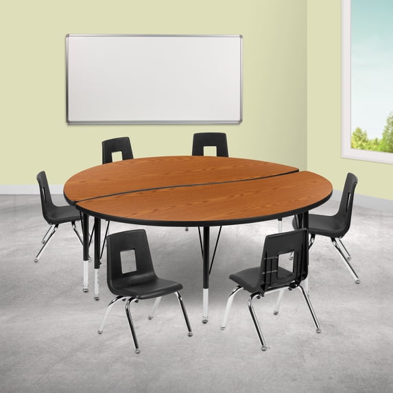 BizChair 60" Circle Wave Flexible Laminate Activity Table Set with 12" Student Stack Chairs, Oak/Black