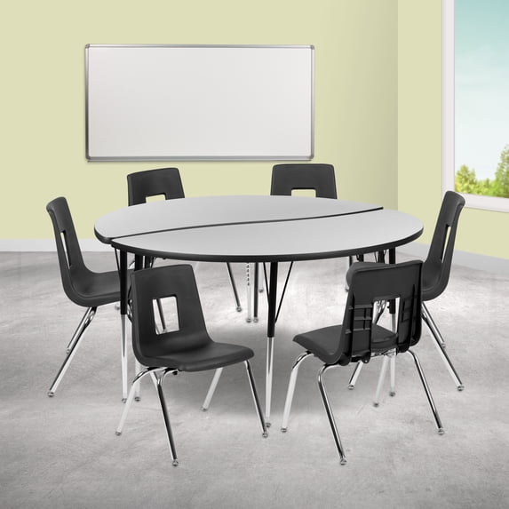 BizChair 60" Circle Wave Flexible Laminate Activity Table Set with 16" Student Stack Chairs, Grey/Black