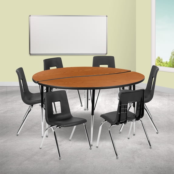 BizChair 60" Circle Wave Flexible Laminate Activity Table Set with 16" Student Stack Chairs, Oak/Black