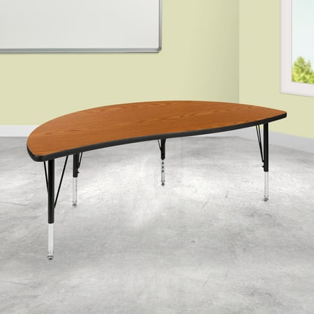 BizChair 60" Half Circle Wave Flexible Collaborative Oak Thermal Laminate Activity Table - Height Adjustable Short Legs