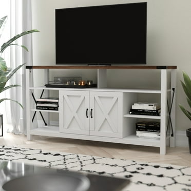 BizChair 60" Modern Farmhouse Tall TV Stand with Storage Cabinets and Shelves for TV's up to 60", White/Rustic Oak