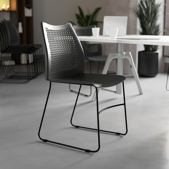 BizChair 661 lb. Capacity Black Stack Chair with Air-Vent Back and Black Powder Coated Sled Base
