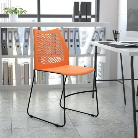 BizChair 661 lb. Capacity Orange Stack Chair with Air-Vent Back and Black Powder Coated Sled Base