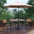 thumbnail image 1 of BizChair 7 Piece All-Weather Deck or Patio Set with 4 Stacking Faux Teak Chairs, 30" x 48" Faux Teak Table, Tan Umbrella & Base, 1 of 17