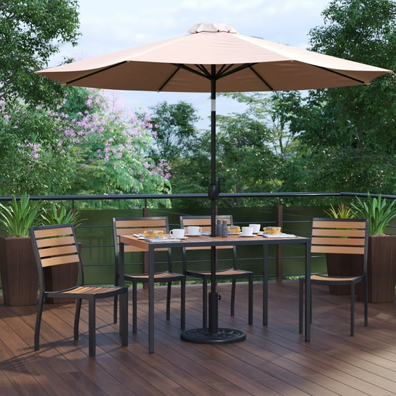 BizChair 7 Piece All-Weather Deck or Patio Set with 4 Stacking Faux Teak Chairs, 30" x 48" Faux Teak Table, Tan Umbrella & Base