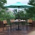thumbnail image 1 of BizChair 7 Piece All-Weather Deck or Patio Set with 4 Stacking Faux Teak Chairs, 30" x 48" Faux Teak Table, Teal Umbrella & Base, 1 of 17
