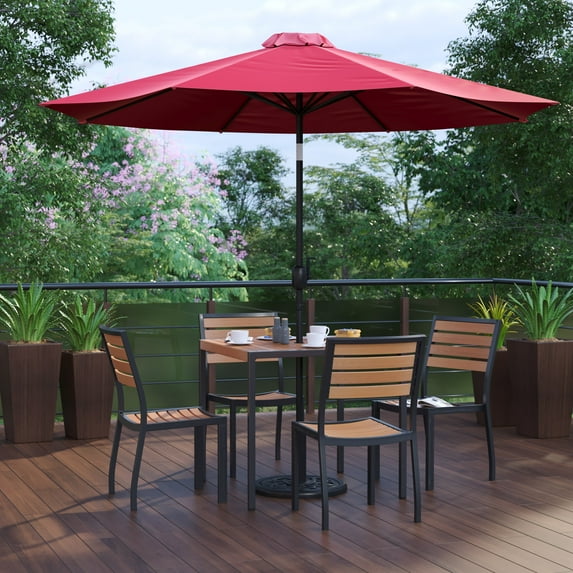 BizChair 7 Piece All-Weather Deck or Patio Set with 4 Stacking Faux Teak Chairs, 35" Square Faux Teak Table, Red Umbrella & Base