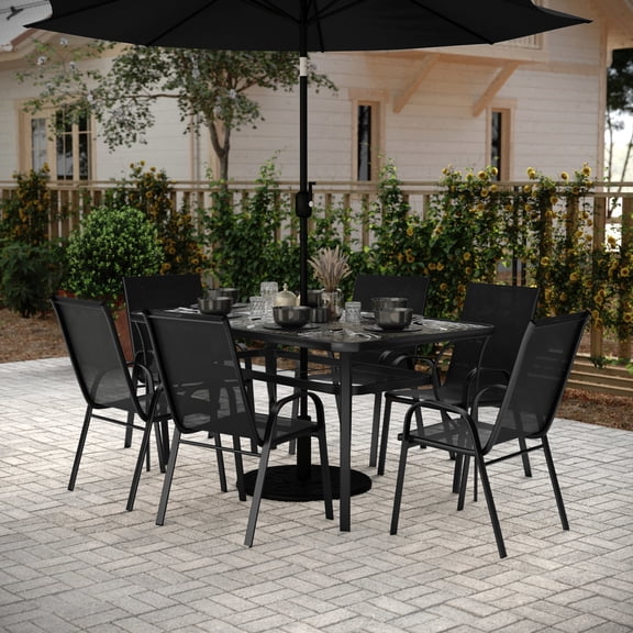 BizChair 7 Piece Commercial Grade Patio Dining Set with Tempered Glass Patio Table and 6 Chairs with Black Flex Comfort Material Seats and Backs