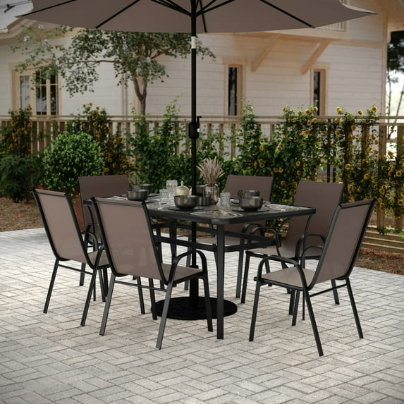 BizChair 7 Piece Commercial Grade Patio Dining Set with Tempered Glass Patio Table and 6 Chairs with Brown Flex Comfort Material Seats and Backs
