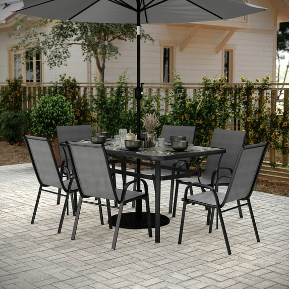 BizChair 7 Piece Commercial Grade Patio Dining Set with Tempered Glass Patio Table and 6 Chairs with Gray Flex Comfort Material Seats and Backs