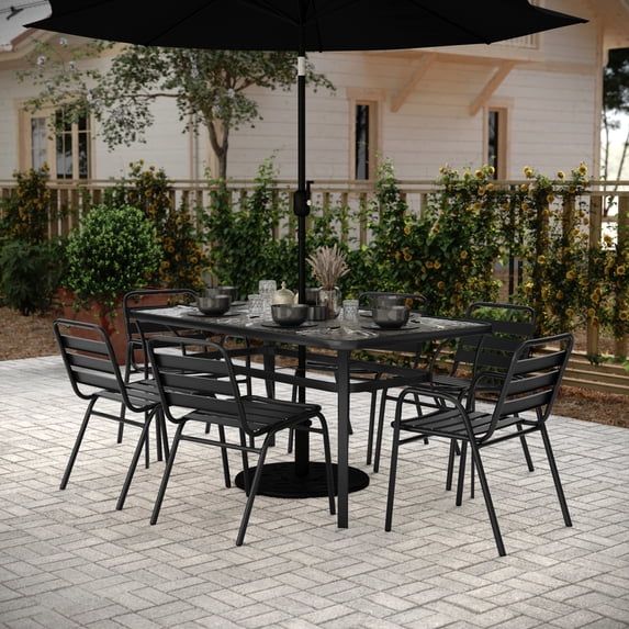 BizChair 7 Piece Commercial Outdoor Patio Dining Set with 60" Glass Patio Table, 4 Black Triple Slat Chairs and 2 Black Triple Slat Chairs with Arms