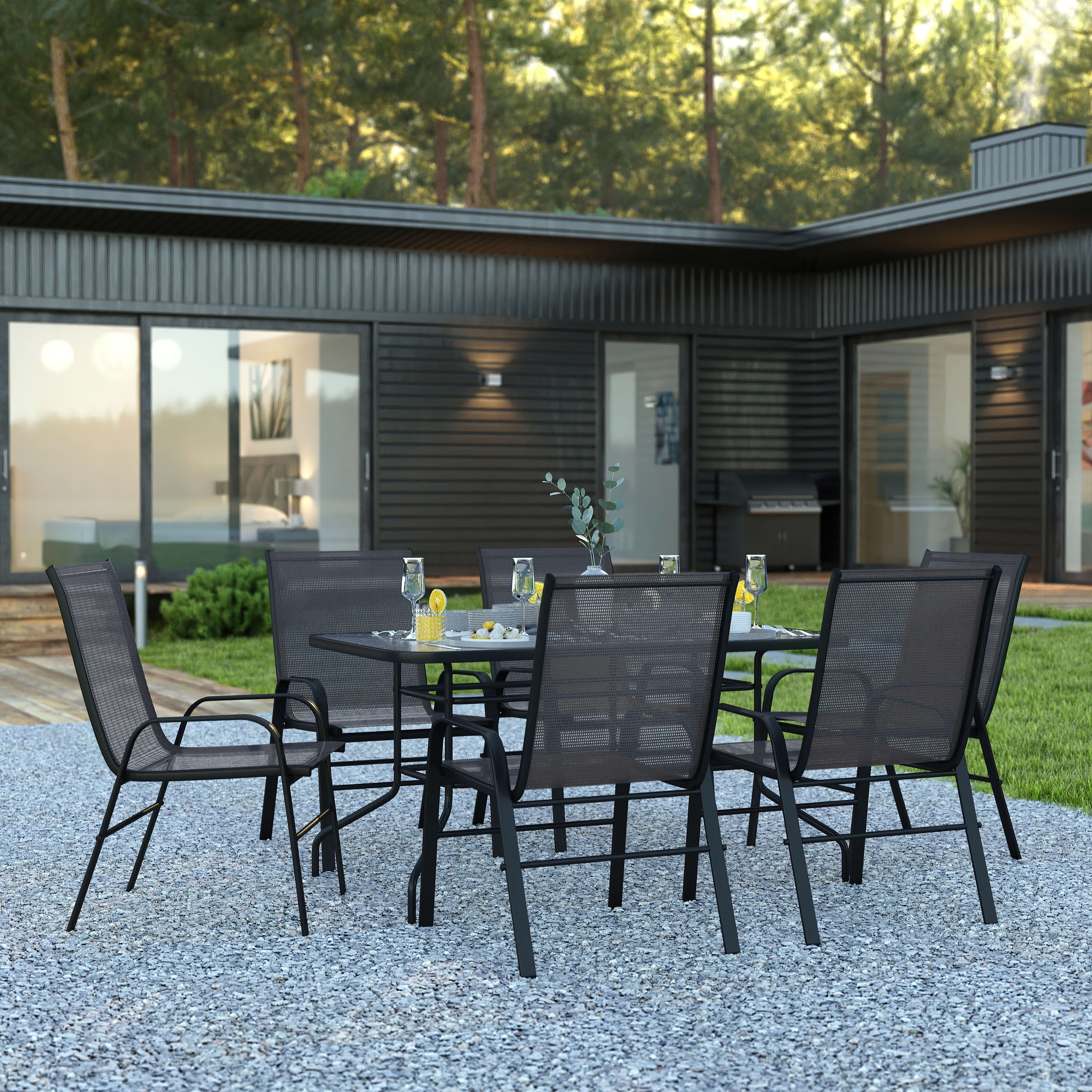 BizChair 7 Piece Outdoor Patio Dining Set - 55" Tempered Glass Patio Table with Umbrella Hole, 6 Black Flex Comfort Stack Chairs