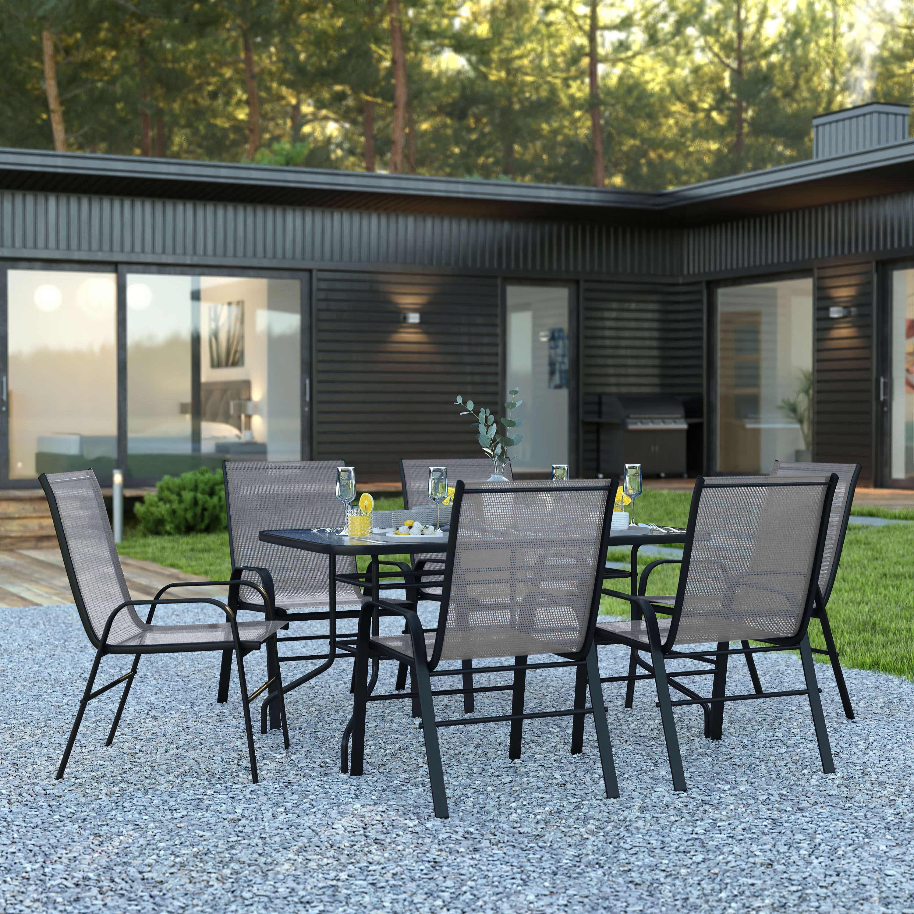 "BizChair Modern Outdoor Dining 7-piece Patio Set - 55"" Glass Table, 6 ...
