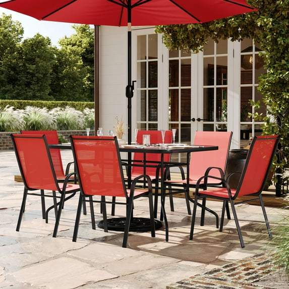 BizChair 7 Piece Outdoor Patio Dining Set - 55" Tempered Glass Patio Table with Umbrella Hole, 6 Red Flex Comfort Stack Chairs