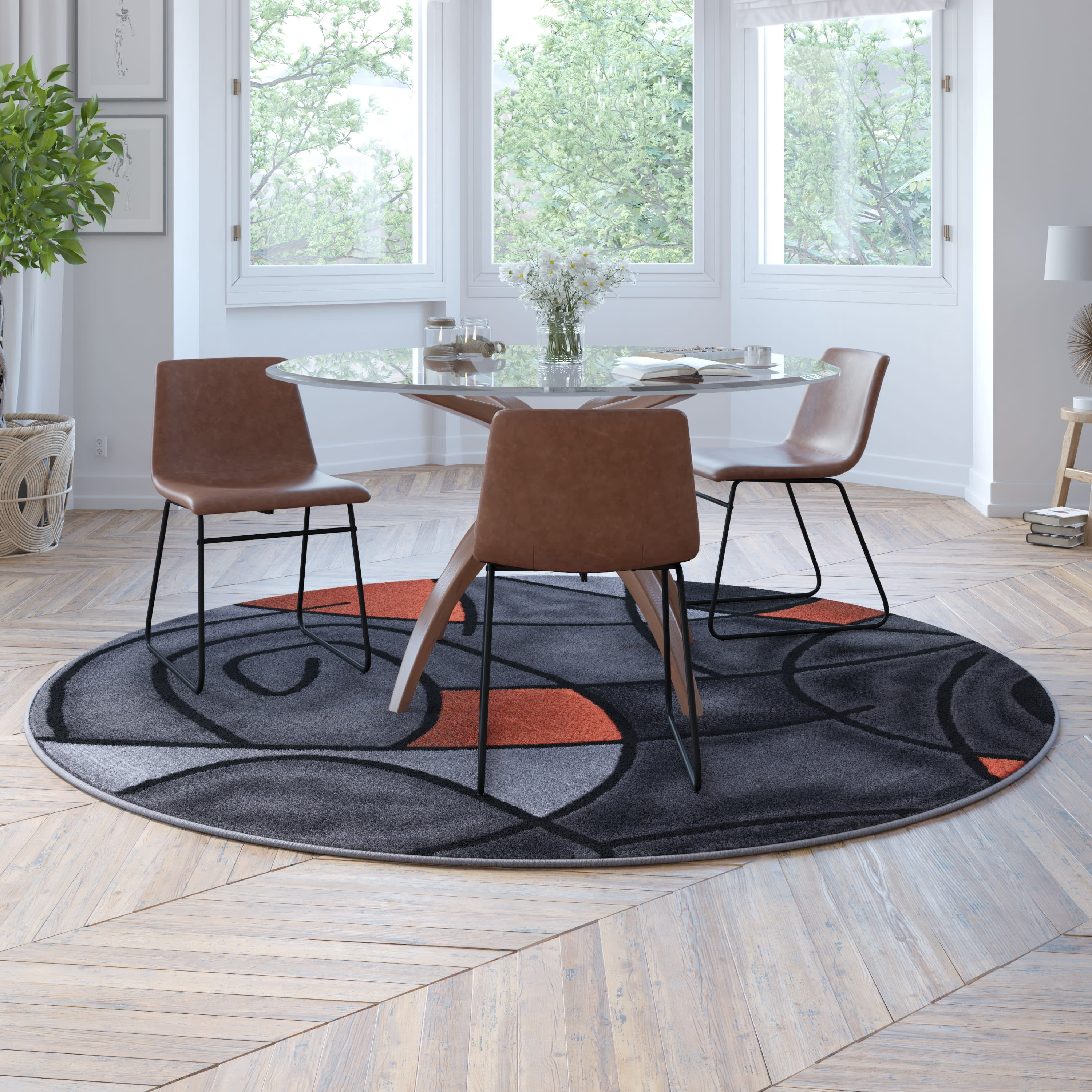 Round Orange Rug BizChair 7' x 7' Round Orange Abstract Area Rug - Olefin Rug with Jute ...