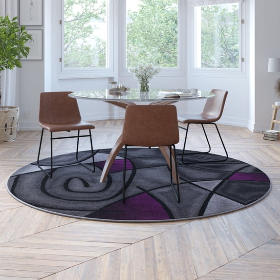 BizChair 7' x 7' Round Purple Abstract Area Rug - Olefin Rug with Jute Backing - Living Room, Bedroom, Family Room