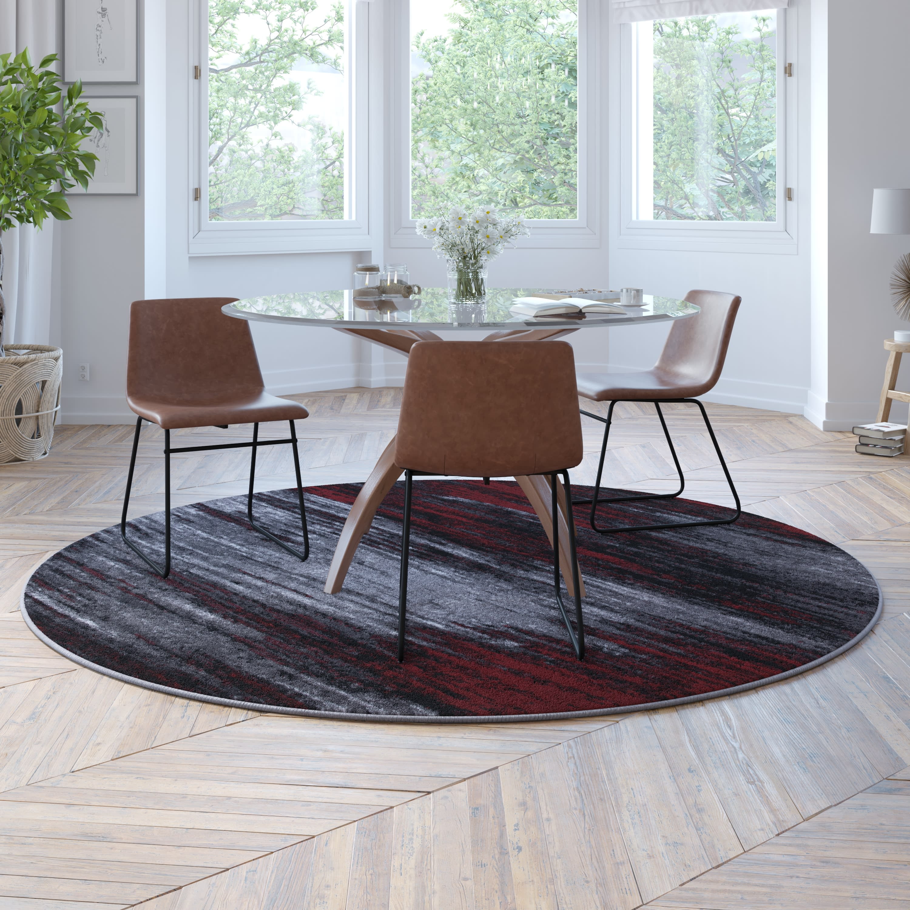 BizChair 7' x 7' Round Red Abstract Area Rug Olefin Rug with Jute