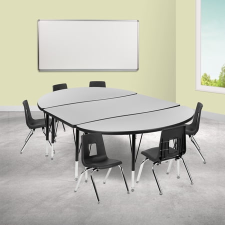 BizChair 76" Oval Wave Flexible Laminate Activity Table Set with 12" Student Stack Chairs, Grey/Black