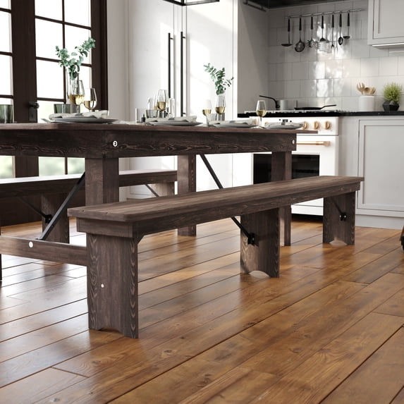 BizChair 8' x 12" Antique Rustic Mahogany Solid Pine Folding Farm Bench with 3 Legs