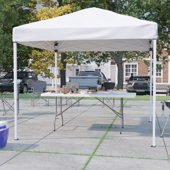 BizChair 8'x8' White Pop Up Event Canopy Tent with Carry Bag and 6-Foot Bi-Fold Folding Table with Carrying Handle - Tailgate Tent Set