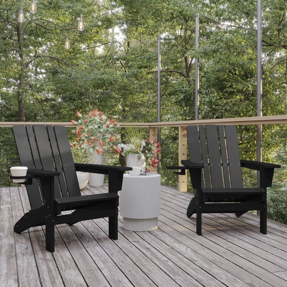 BizChair Adirondack Chair with Cup Holder, Weather Resistant HDPE Adirondack Chair in Black, Set of 2
