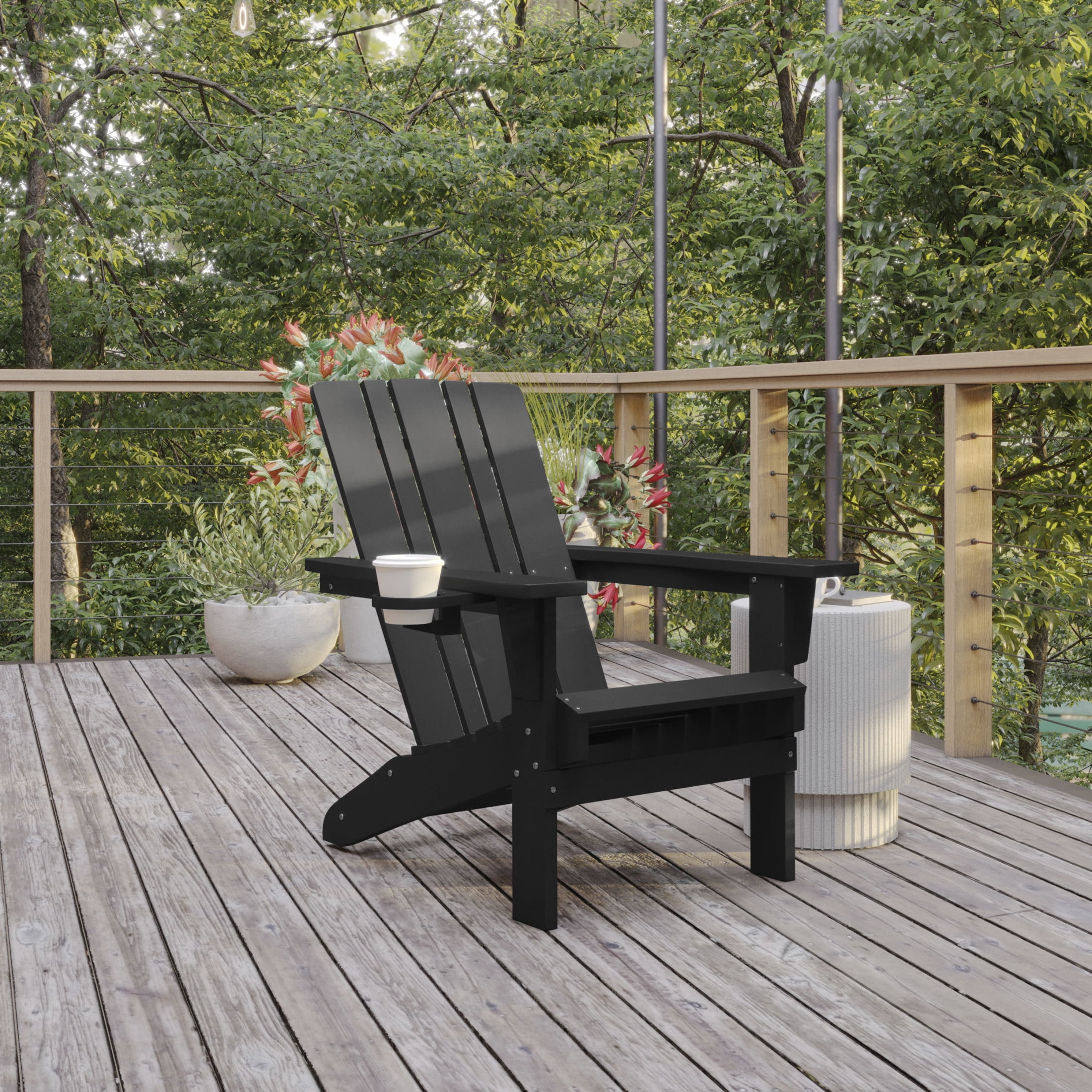 BizChair Adirondack Chair with Cup Holder, Weather Resistant HDPE Adirondack Chair in Black