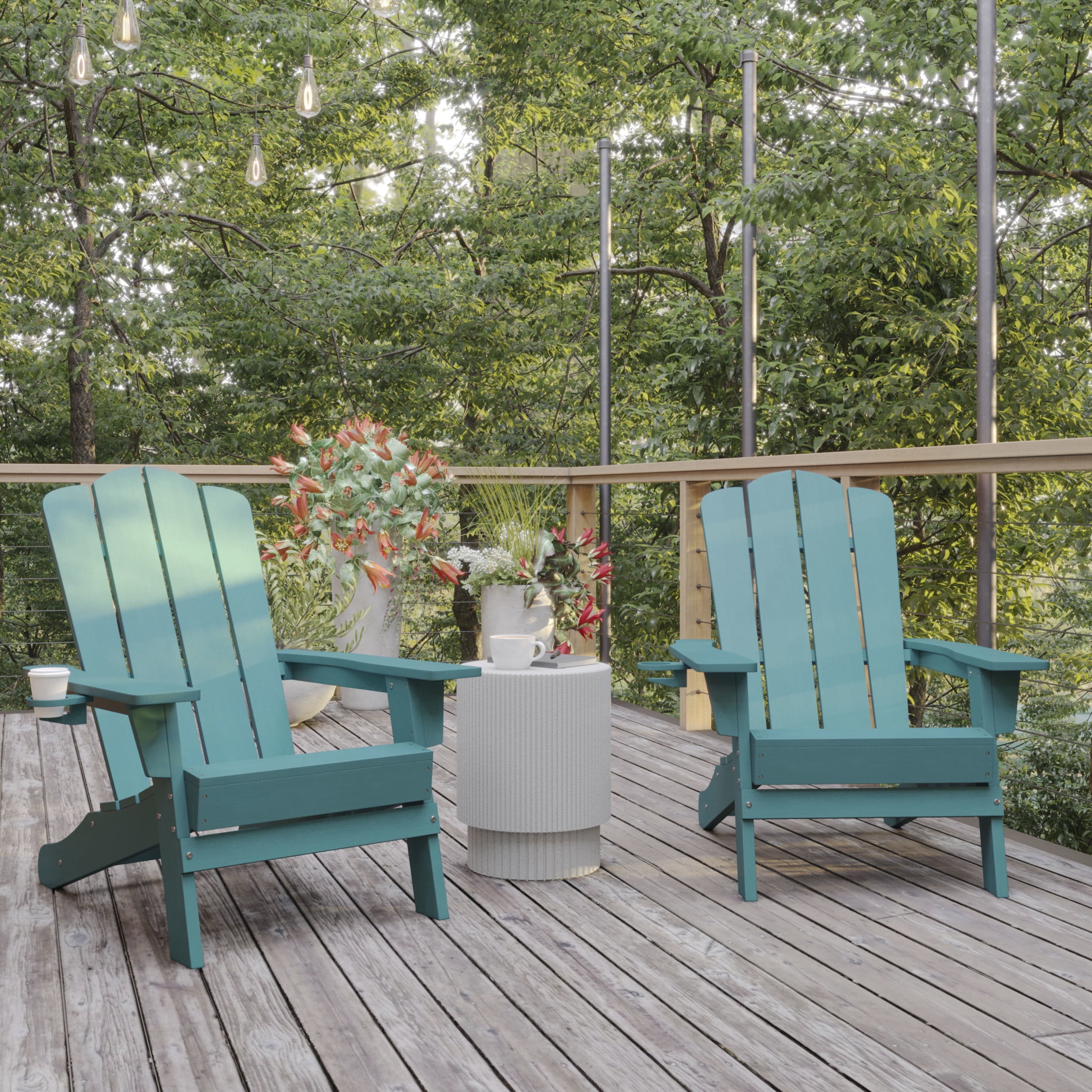 BizChair Adirondack Chair with Cup Holder, Weather Resistant HDPE Adirondack Chair in Blue, Set of 2