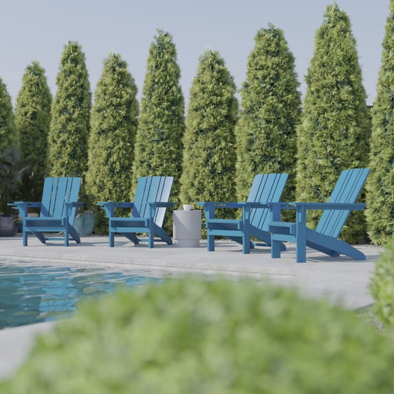 BizChair Adirondack Chair with Cup Holder, Weather Resistant HDPE Adirondack Chair in Blue, Set of 4