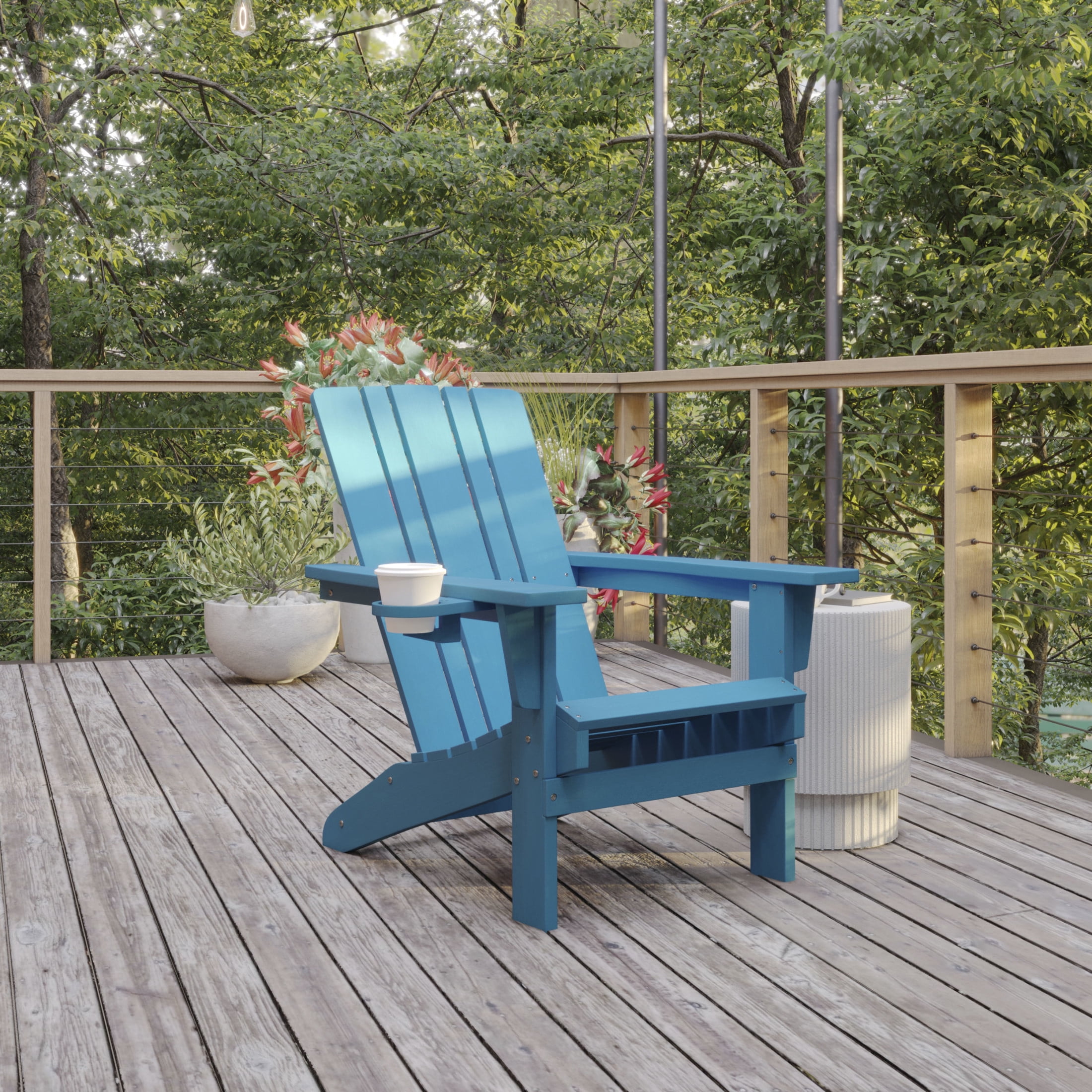 BizChair Adirondack Chair with Cup Holder, Weather Resistant HDPE Adirondack Chair in Blue