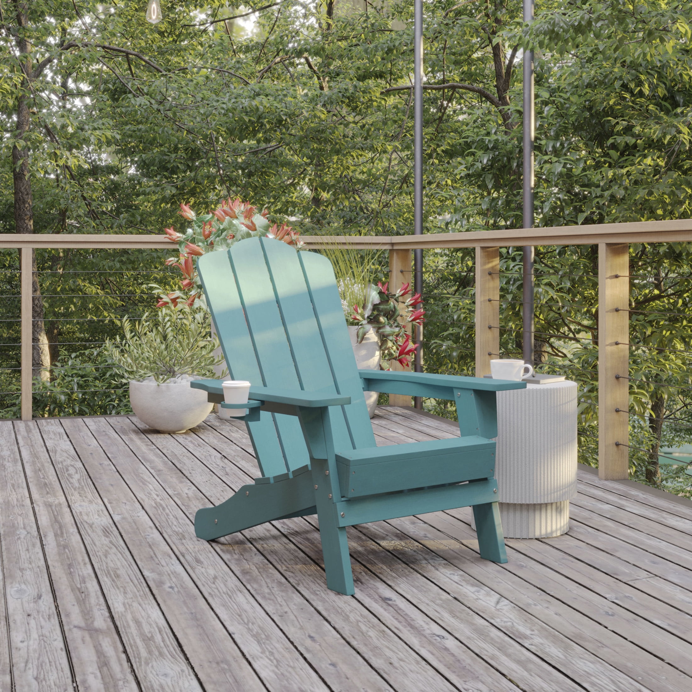 BizChair Adirondack Chair with Cup Holder, Weather Resistant HDPE Adirondack Chair in Blue