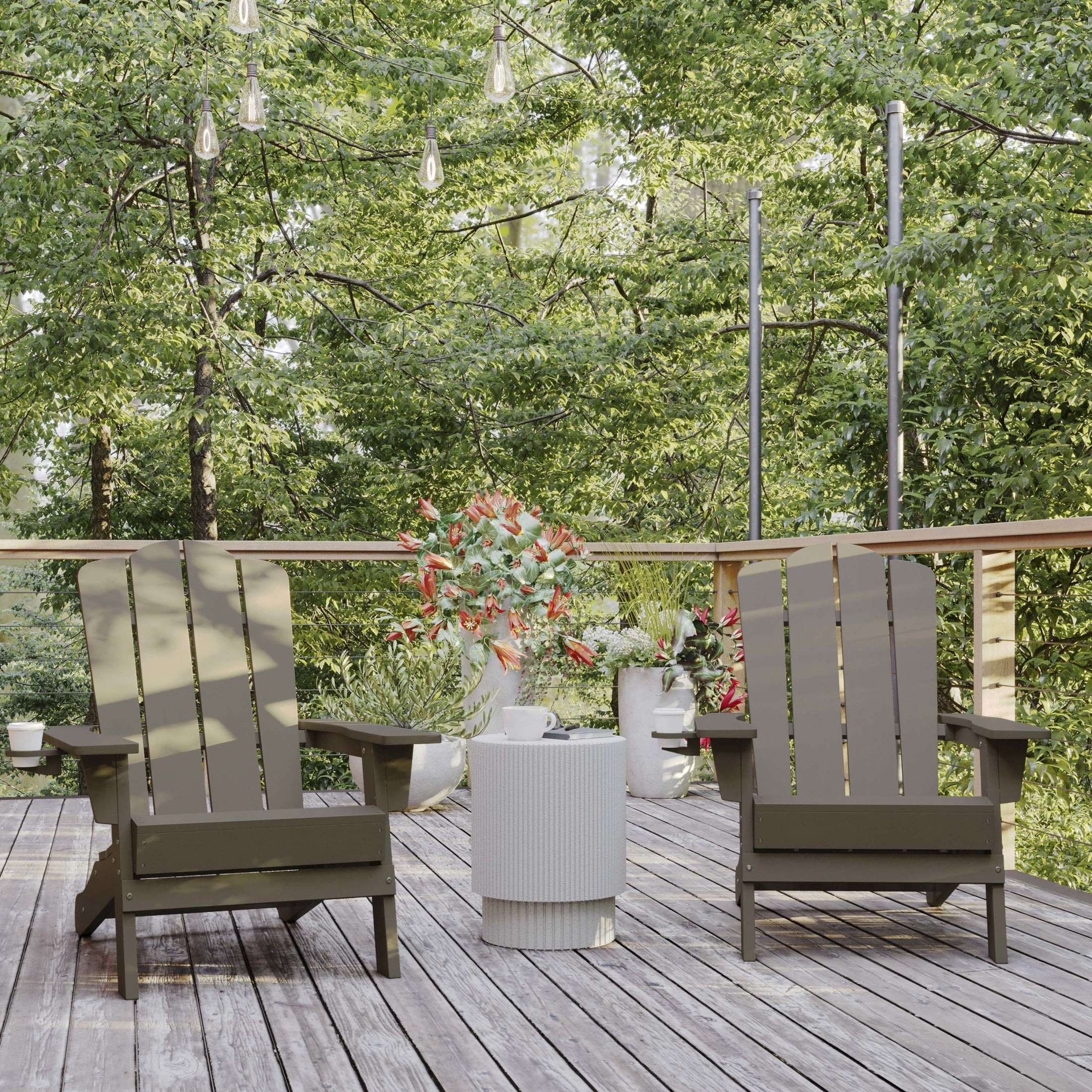 BizChair Adirondack Chair with Cup Holder, Weather Resistant HDPE Adirondack Chair in Brown, Set of 2