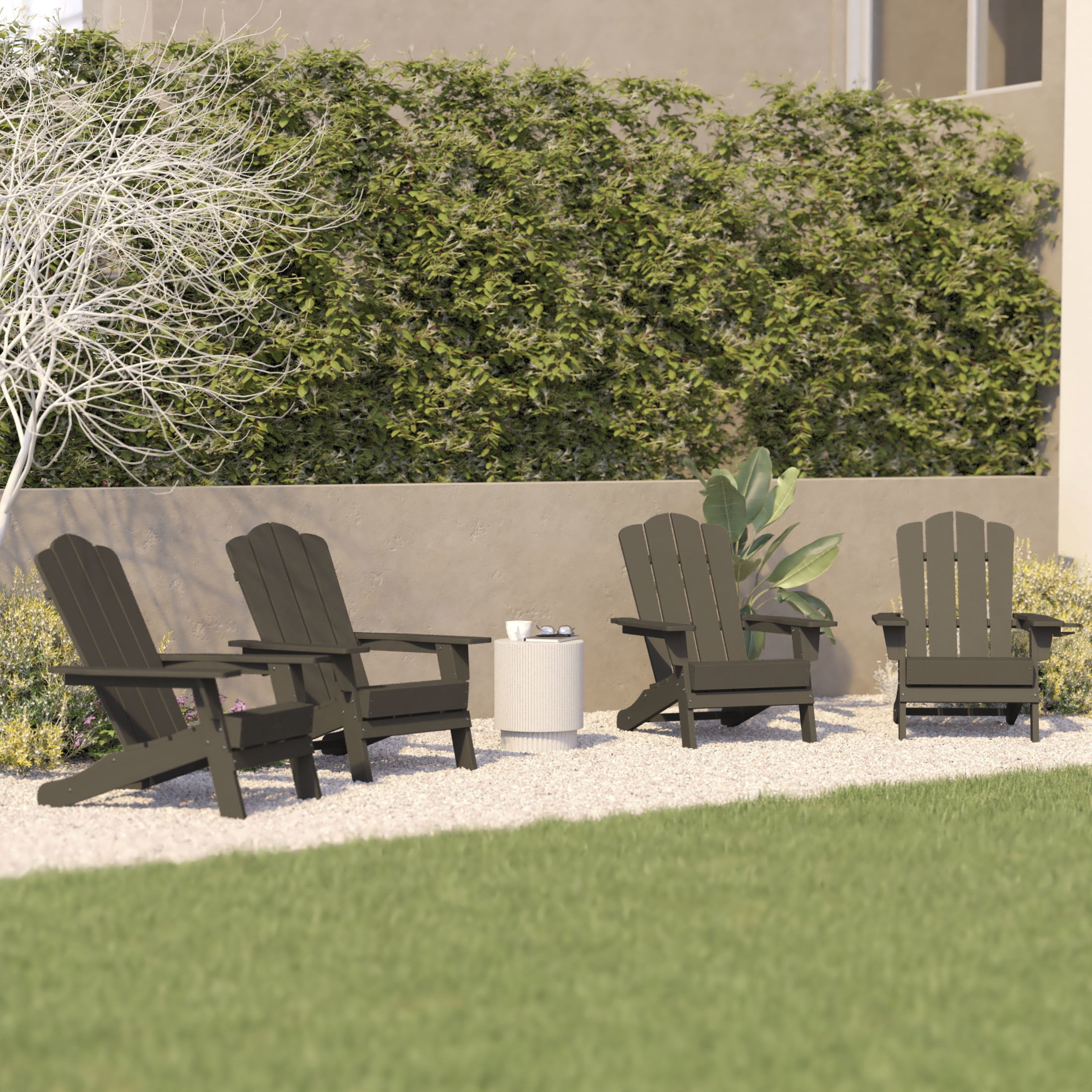 BizChair Adirondack Chair with Cup Holder, Weather Resistant HDPE Adirondack Chair in Brown, Set of 4