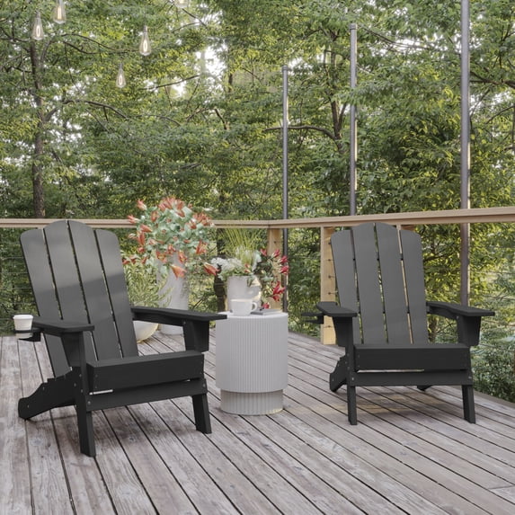 BizChair Adirondack Chair with Cup Holder, Weather Resistant HDPE Adirondack Chair in Gray, Set of 2