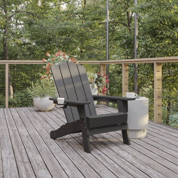 BizChair Adirondack Chair with Cup Holder, Weather Resistant HDPE Adirondack Chair in Gray