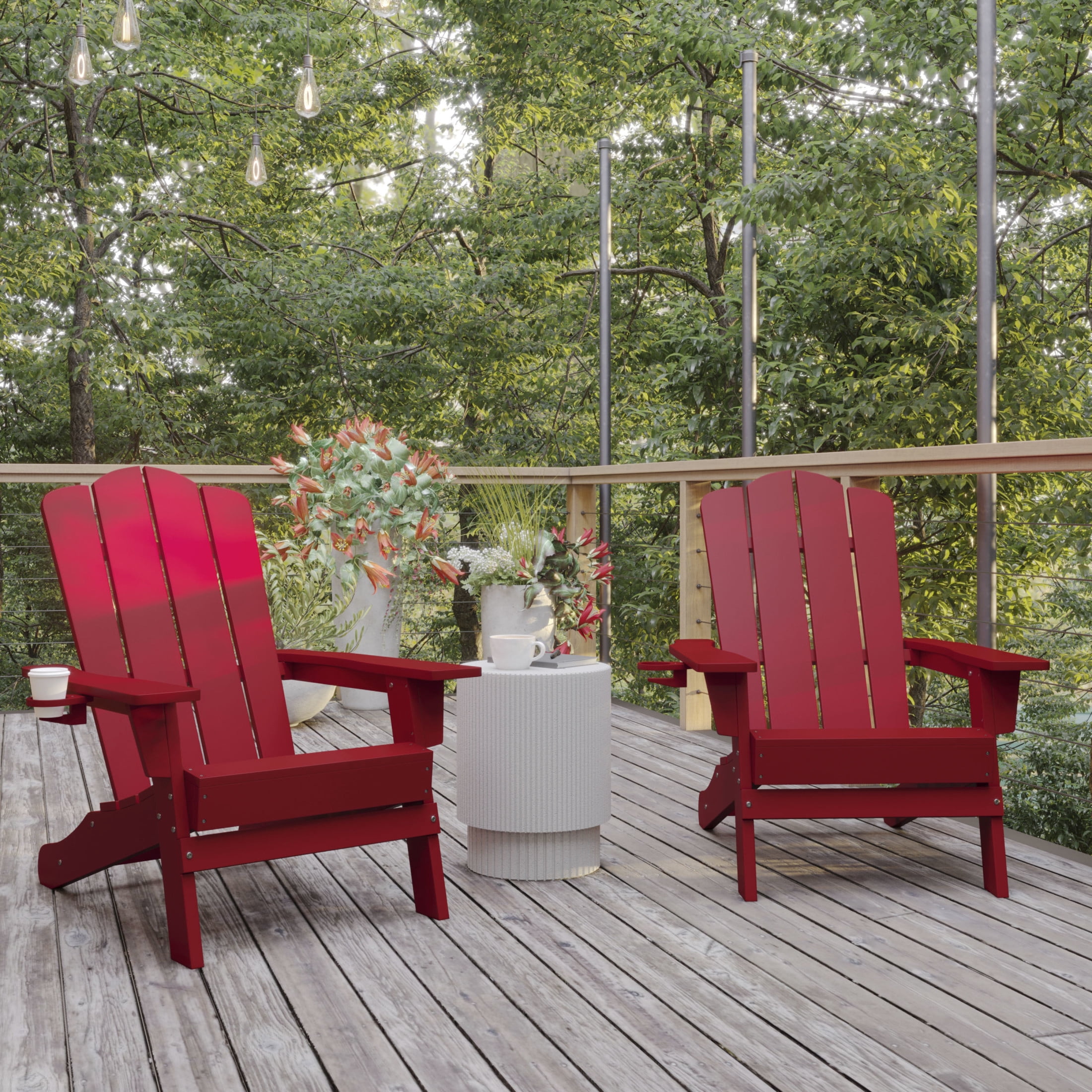 BizChair Adirondack Chair with Cup Holder, Weather Resistant HDPE Adirondack Chair in Red, Set of 2
