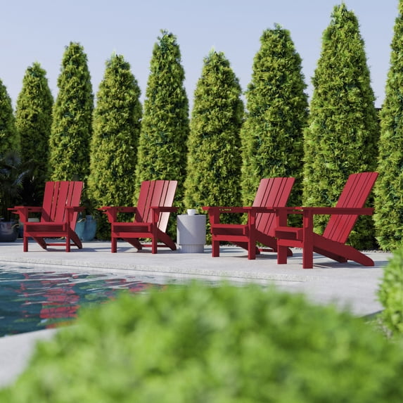 BizChair Adirondack Chair with Cup Holder, Weather Resistant HDPE Adirondack Chair in Red, Set of 4