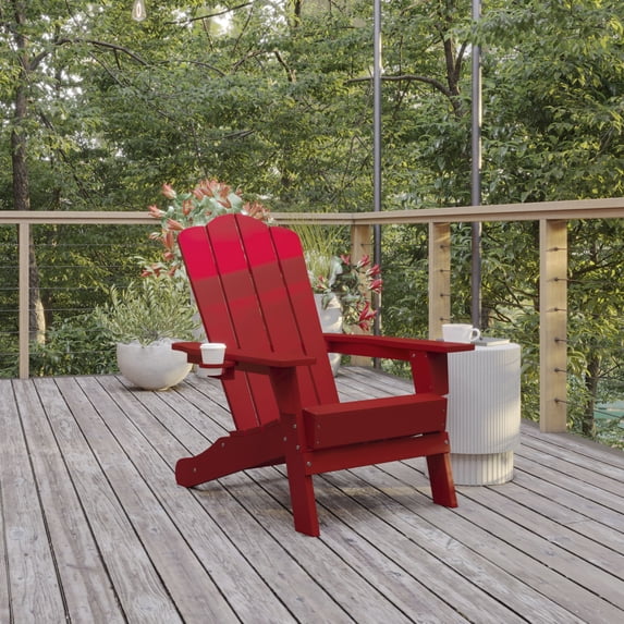 BizChair Adirondack Chair with Cup Holder, Weather Resistant HDPE Adirondack Chair in Red