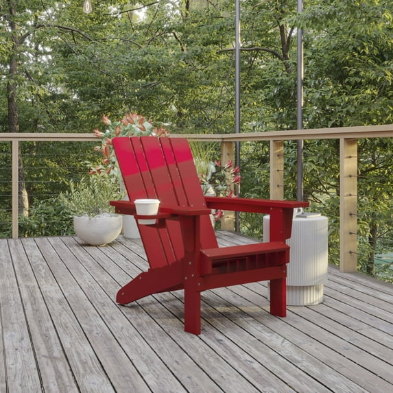 BizChair Adirondack Chair with Cup Holder, Weather Resistant HDPE Adirondack Chair in Red