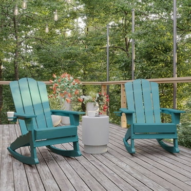 BizChair Adirondack Rocking Chair with Cup Holder, Weather Resistant HDPE Adirondack Rocking Chair in Blue, Set of 2