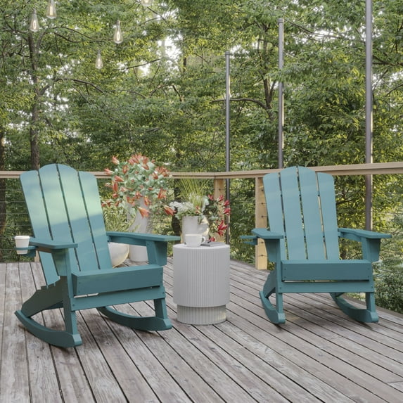 BizChair Adirondack Rocking Chair with Cup Holder, Weather Resistant HDPE Adirondack Rocking Chair in Blue, Set of 2
