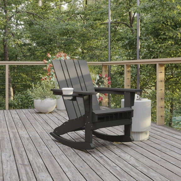 BizChair Adirondack Rocking Chair with Cup Holder, Weather Resistant HDPE Adirondack Rocking Chair in Gray