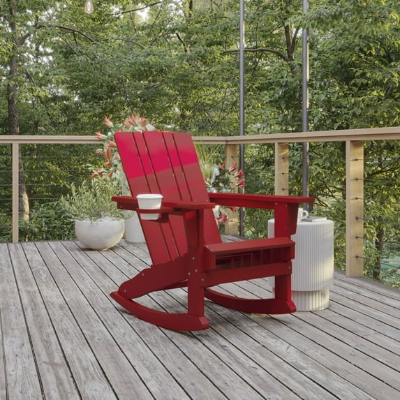 BizChair Adirondack Rocking Chair with Cup Holder, Weather Resistant HDPE Adirondack Rocking Chair in Red