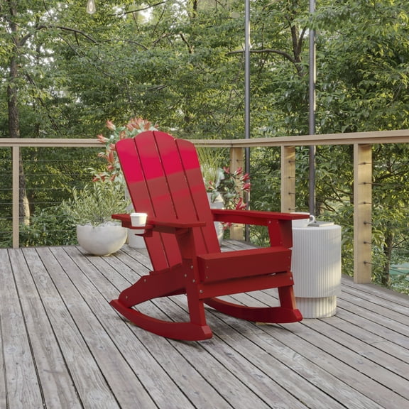 BizChair Adirondack Rocking Chair with Cup Holder, Weather Resistant HDPE Adirondack Rocking Chair in Red