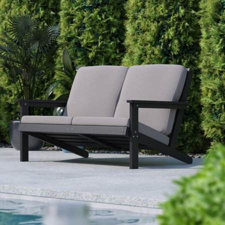 BizChair All-Weather Poly Resin Wood Adirondack Style Deep Seat Patio Loveseat with Cushions, Black/Charcoal