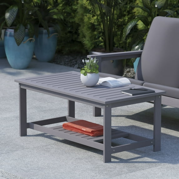 BizChair All-Weather Poly Resin Wood Two Tiered Commercial Grade Adirondack Slatted Coffee Conversation Table in Gray