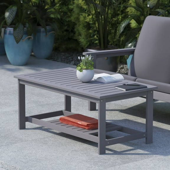 BizChair All-Weather Poly Resin Wood Two Tiered Commercial Grade Adirondack Slatted Coffee Conversation Table in Gray