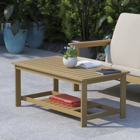 BizChair All-Weather Poly Resin Wood Two Tiered Commercial Grade Adirondack Slatted Coffee Conversation Table in Natural Cedar