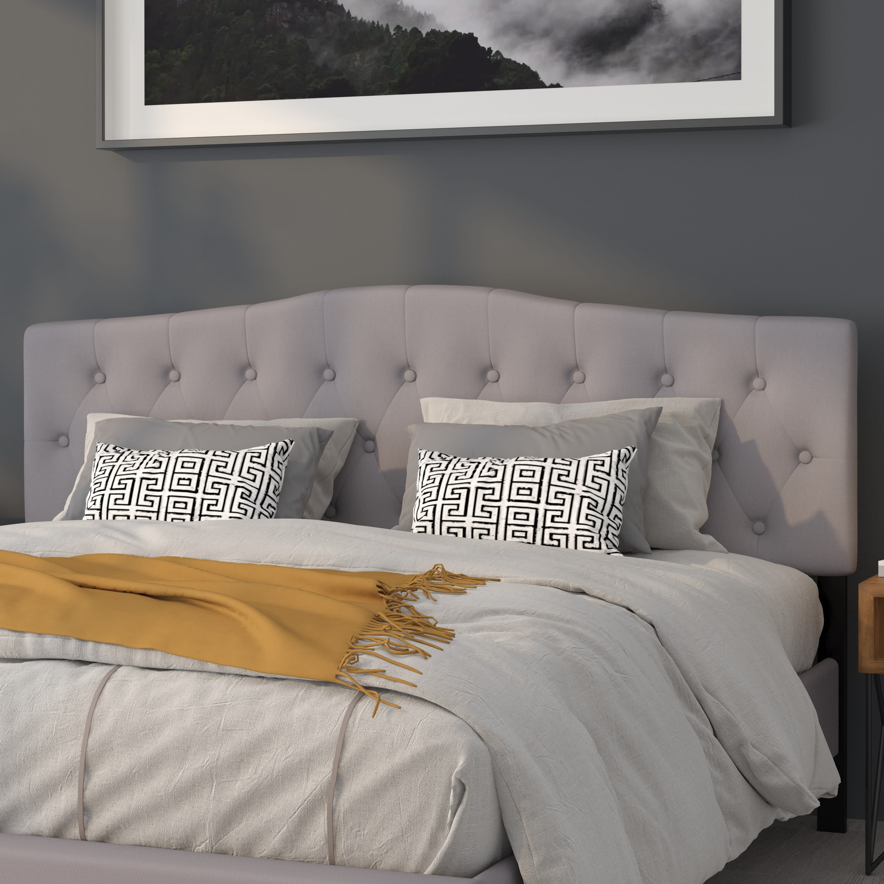 BizChair Arched Button Tufted Upholstered King Size Headboard in Light Gray Fabric