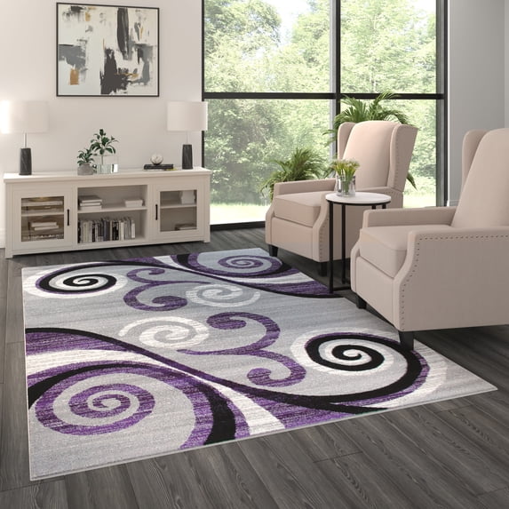 BizChair Area Rug Modern Contemporary Design 1100 Purple Grey White Black (6 Feet X 9 Feet)